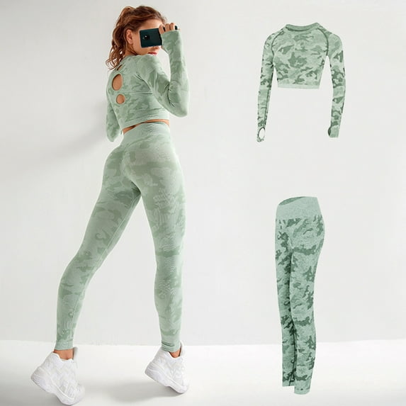 NIBOLOG 2Pcs Yoga Suit Long Sleeve Crop Top Blend Fabric Seamless High Waist Workout Outfits for Women