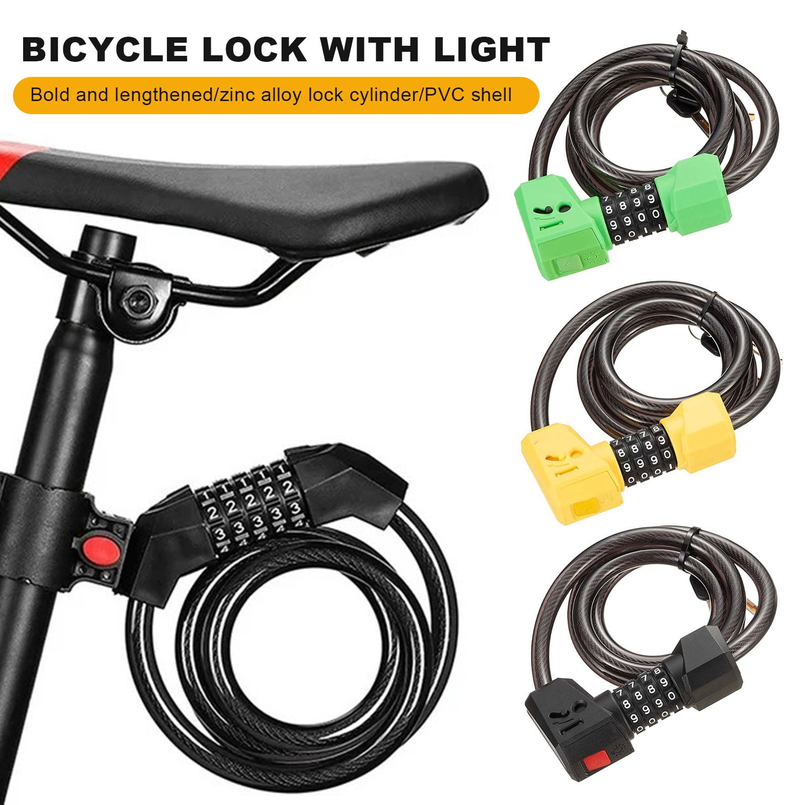 NIBOLOG Bicycle Lock 4 Digit Resettable Combination Bike Lock with LED ...