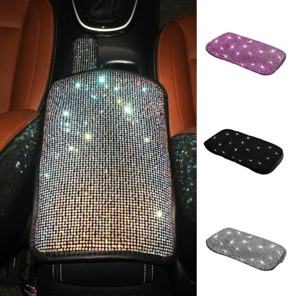 NIBOLOG Bling Rhinestone Car Armrest Cover - Universal Rectangle Elastic Band, Auto Center Console Protector Pad Cushion