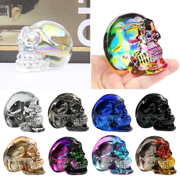 NIBOLOG Clear Colorful Skull Figurine Life Size Skull Statue Sculpture Home Office Desktop Bookshelf Decoration Ornament Halloween Festival Gift