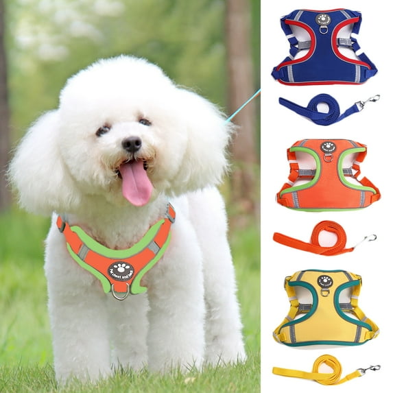 NIBOLOG Harness Leash Set Extended Tow Ring Reflective Strip Fully Wrap Contrasting Colors Pull Adjustable Naughty Dog Vest Safety Leash for Park