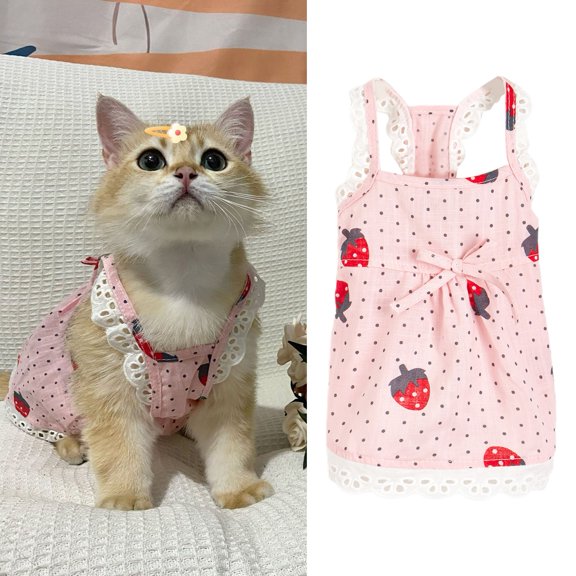 NIBOLOG Pet Clothes Fruit Pattern Friendly to Skin Non-Irritation Sleeveless Washable Cotton Strawberry Print Summer Pet Suspender Skirt Pet Supplies