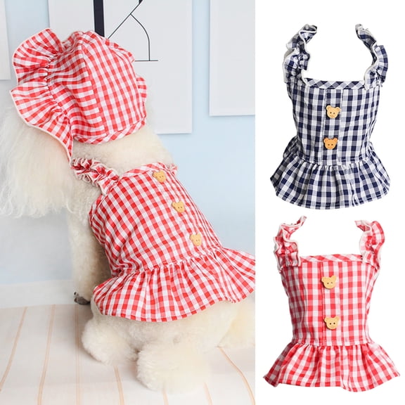 NIBOLOG Pet Dress Plaid Printing Thin Close-fitting Good Ductility Breathable Dress-up with Hat Summer Dog Two-legged Clothes for Spring