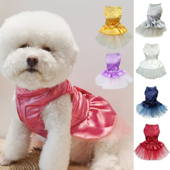NIBOLOG Pet Dress Shiny Rhinestone Stand Collar Soft Comfortable Eye-catching Shirring Princess See-through Mesh Bow-knot Decor Pet Wedding Dress Dog Clothing
