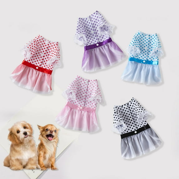 NIBOLOG Pet Tulle Dress Round Neck Mesh Stitching Lace Cuffs Polka Dot Printing Pet Cat Dog Princess Dress Daily Wear