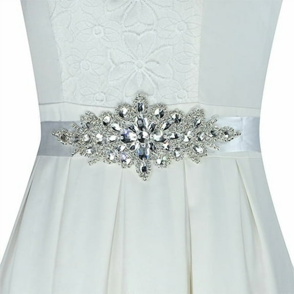 NIBOLOG Rhinestone Bridal Sash Waist Belt with White Satin Ribbon for Wedding Dress