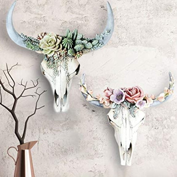 NIBOLOG Wall Ornament Beautiful Decorative Resin Succulent/Flower Cow Skull Hanging Pendant for Room