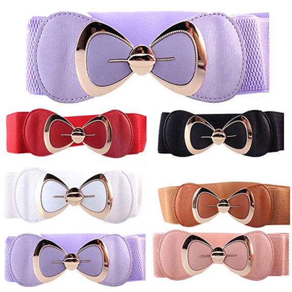 NIBOLOG Women Bowknot Buckle Metallic Faux Leather Waistband Elastic Croset Waist Belt
