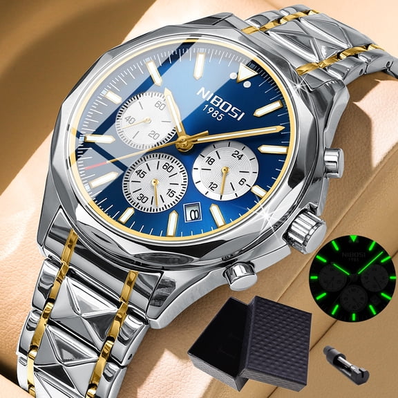 NIBOSI Chronograph Watches for Men Casual Classic Dial Outdoor Watch Gold Silver Tone Stainless Steel Waterproof Mens Watch