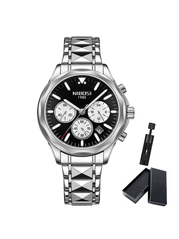 Chronograph Watches for Men Casual Classic Dial Outdoor Watch Silver Black Tone Stainless Steel Waterproof Mens Watch