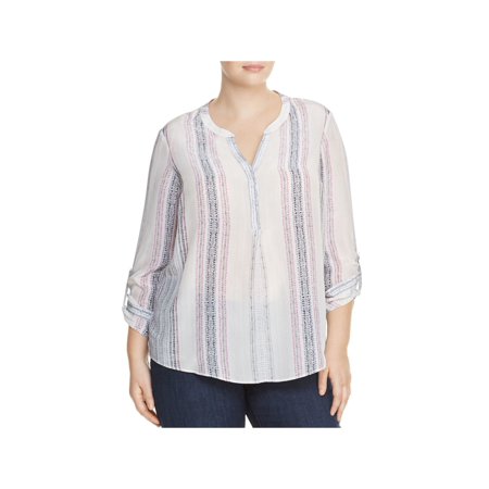 NIC+ZOE Womens Ivory Printed Roll-tab Sleeve Split Top Plus 2X