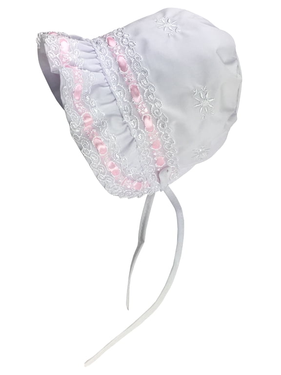 NICE CAPS Baby Girls Lacy Bonnet With Flowers Embroidery
