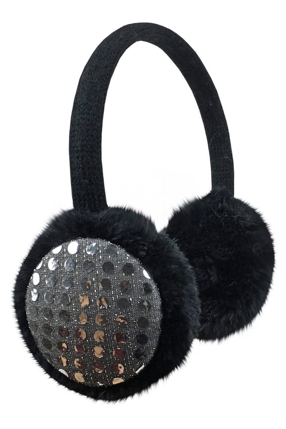 Girls Earmuffs Winter Adjustable Kids Warm Soft Plush Padded Black Sequins