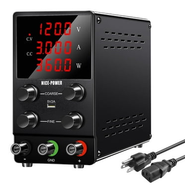 NICE-POWER DC Power Supply Variable 120V 3A High Precision 4-Digits LED Display 5V/2A USB Port Test Lead Output and Input Cord Metal