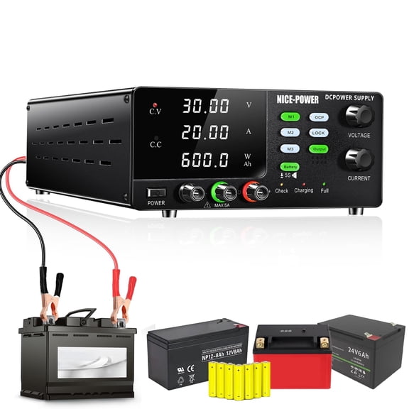 NICE-POWER DC Power Supply Variable 30V 20A 600W High Power Bench Power Supply for 12V/24V Battery Charging Parts Testing Controller Power Supply with OCP Memory Storage Output Switch