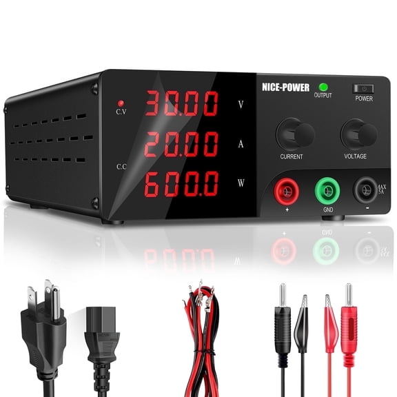 NICE-POWER DC Power Supply Variable 30V 20A 600W High Power Bench Power Supply with Encoder Knob and Output Switch Adjustable Switching Regulated Power Supply for Repair R-SPS3020
