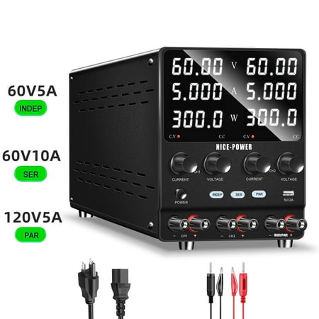 NICE-POWER 60V 5A Dual Output DC Power Supply,SER/PAR 120V/10A CV+CC Protection USB Output Lab & Battery Testing