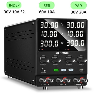 NICE-POWER Dual DC Power Supply Variable: 30V 10A Adjustable Switching Regulated Series (60V 10A) Parallel (30V 20A) High Precision 5V/2A USB Port Bench Lab Power Supplies.