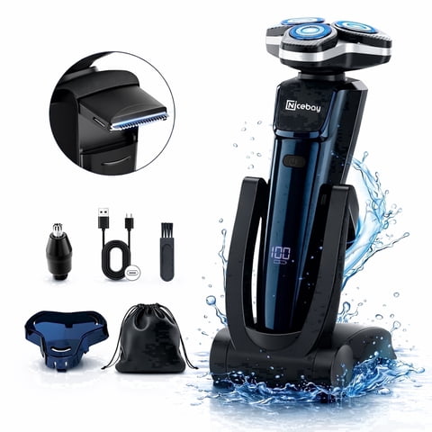 NICEBAY Electric Razor for Men, Wet/Dry Electric Shaver with Nose Trimmer, LED Display, Travel Lock, Type-C Charging Stand, IPX7 Waterproof