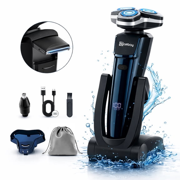 NICEBAY Electric Razor for Men, Wet/Dry Electric Shaver with Nose Trimmer, LED Display, Travel Lock, Type-C Charging Stand, IPX7 Waterproof