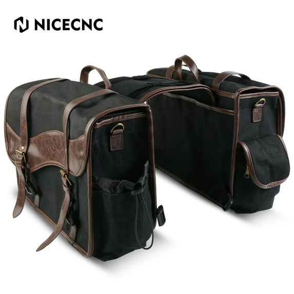 NICECNC 12" Canvas Leather Motorcycle Saddle Bags Vintage Side Pouch Panniers Universal Black