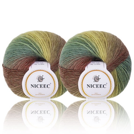 NICEEC 2 Skeins Soft Rainbow Yarn 100% Wool Gradient Multi Color Yarn for Crocheting Knit Total Length 180m×2(196yds×2,50g×2)-15#