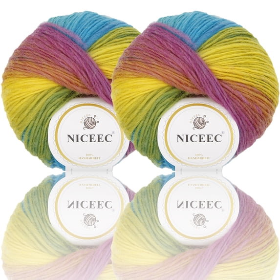 NICEEC 2 Skeins Soft Rainbow Yarn 100% Wool Gradient Multi Color Yarn for Crocheting Knit Total Length 180m×2(196yds×2,50g×2)-24#