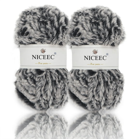 NICEEC 2 Skeins Super Soft Fur Yarn Chunky Fluffy Faux Fur Yarn Eyelash Yarn for Crochet Knit -Total Length 2×32m(2×35yds,50g×2)-Black with White