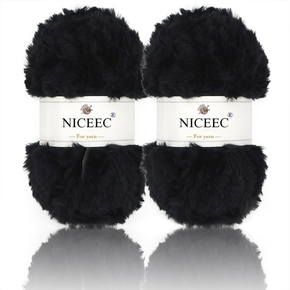 NICEEC 2 Skeins Super Soft Fur Yarn Chunky Fluffy Faux Fur Yarn Eyelash Yarn for Crochet Knit -Total Length 2×32m(2×35yds,50g×2)-Black