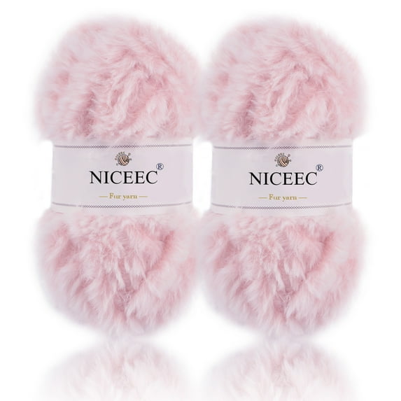 NICEEC 2 Skeins Super Soft Fur Yarn Chunky Fluffy Faux Fur Yarn Eyelash Yarn for Crochet Knit -Total Length 2×32m(2×35yds,50g×2)-Light Sakura Pink