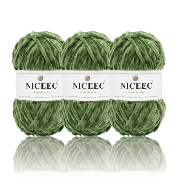 NICEEC 3 Skeins Soft Chenille Yarn Blanket Yarn Velvet Yarn for Knitting Fancy Yarn for Crochet Weaving DIY Craft Total Length 3×85m (3×93yds, 3×50g)_Army Green