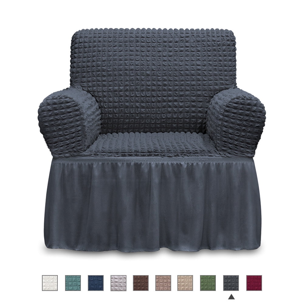 NICEEC Armchair Slipcover Dark Grey Armchair Covers 1 Piece Easy Fitted Sofa Couch Cover Universal High Stretchable Durable Furniture Protector with Skirt Country Style (1 Seater Dark Gray)