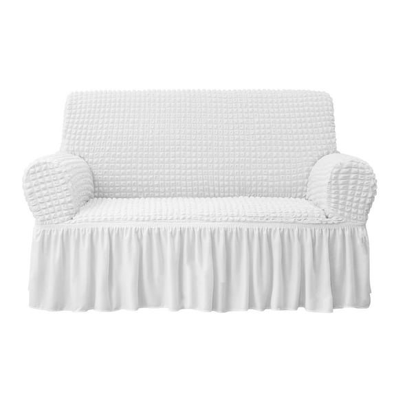 NICEEC Loveseat Slipcover White Loveseat Cover 1 Piece Easy Fitted Sofa Couch Cover Universal High Stretch Durable Furniture Protector Love Seat with Skirt Country Style (2 Seater White)