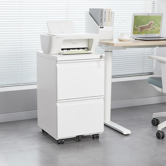 NICEGDLT 2 Drawer Mobile File Cabinet,Under Desk Anti-tip Files Cabinet,Metal Storage Filing Cabinet with Lock and Wheels,Office Storage Cabinet for Legal/Letter/A4 File,White