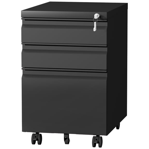 NICEGDLT 3 Drawer File Cabinet on Wheels,25.6" H Black Filing Cabinet with Lock,Under Desk Metal File Cabinet for Home Office Organizer Letters/Legal/A4(Fully Assembled)