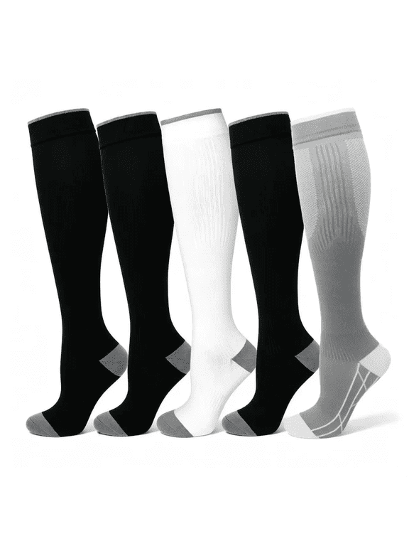 Compression Socks for Women & Men, 20-30 mmHg Knee High Stockings, 5 Pairs Support Circulation Socks for Nurse, Travel, Athletic, Cycling