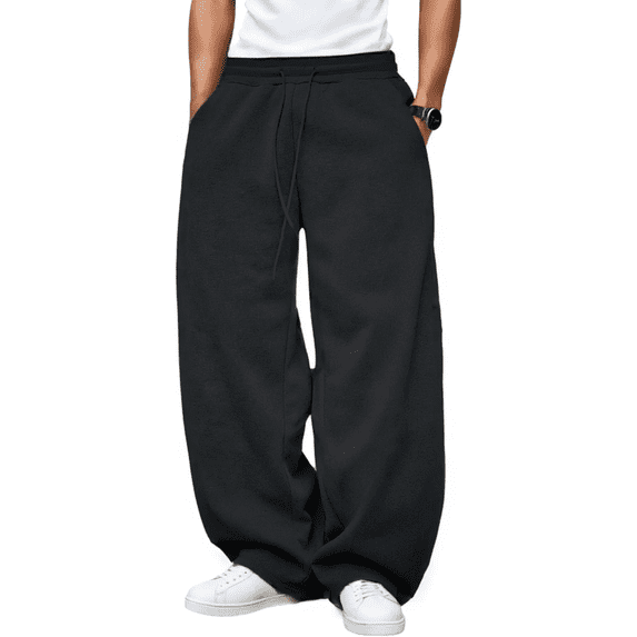 NICELF Men's Baggy Sweatpants Fleece Wide Leg Pants with Pockets & Elastic Drawstring Waist, Casual Comfy Loose Fit Cotton Joggers, Black