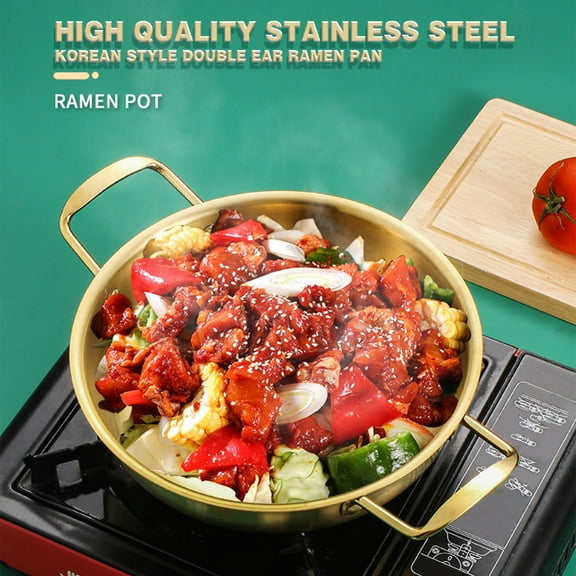NICEME 1Pc Korean Ramen Noodle Pot with Handles, Stainless Steel Everyday Pan, Golden Korean Cooking Pot for Soup, Noodle, Pasta, Home and Outdoor, Dishwasher Safe, Size (11*2.36In)
