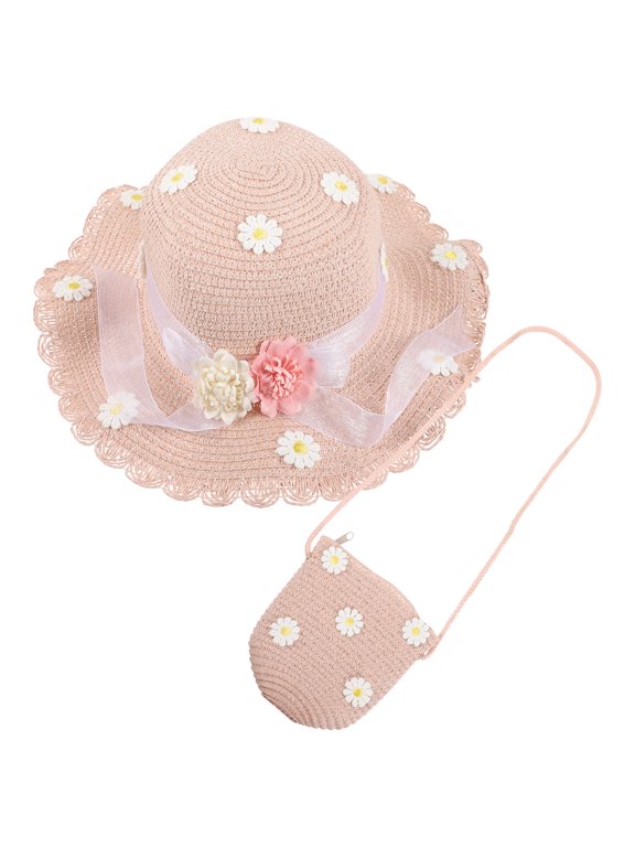 2Pcs Lightweight Pink Straw Sun Hat and Tote Bag with Daisy Design for Summer