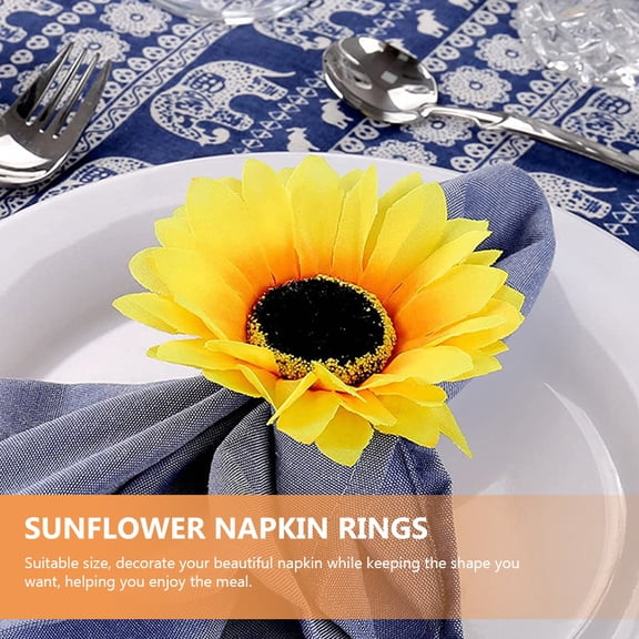 NICERIO 6Pcs Reusable Sunflower Napkin Rings Yellow Plastic and Hemp Rope for Outdoor Garden Decor
