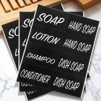 NICERIO Black Self-Adhesive Sub-Bottle Labels for Soap Shampoo and Bathroom Organizing