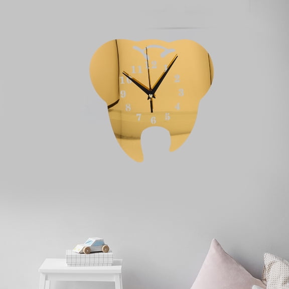 NICERIO Unique Tooth Shaped Wall Clock Golden Acrylic Analog Clock Silent for Shabby Beach Home Decor