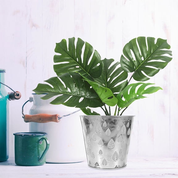 NICERIO Grey Metal Flower Bucket with Stylish Carved Maple Leaf Design for Patio, Balcony, and Indoor Plant Decoration