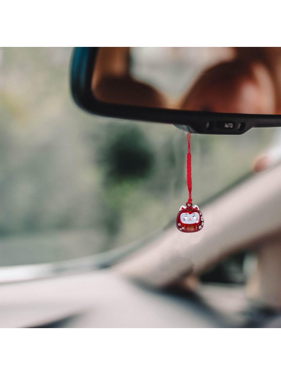 Japanese Red Cat Keychain with Lucky Bell and Omamori Design