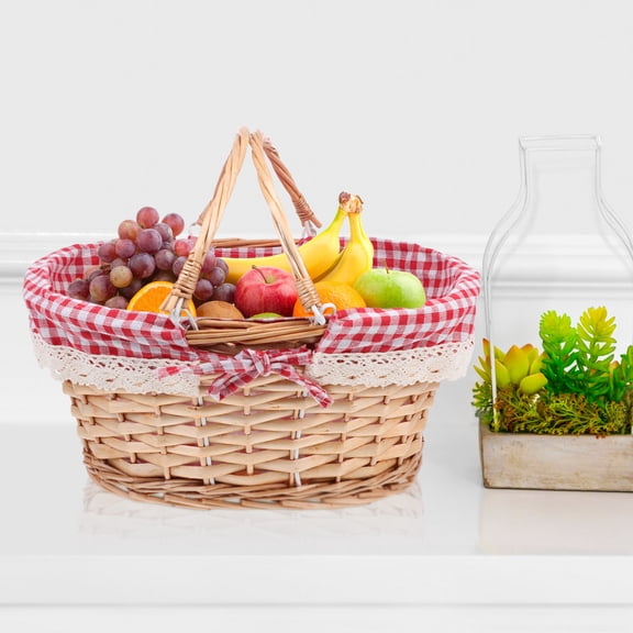 NICERIO Woven Picnic Basket Red Handheld Outdoor Storage Basket for Fruit and Snacks