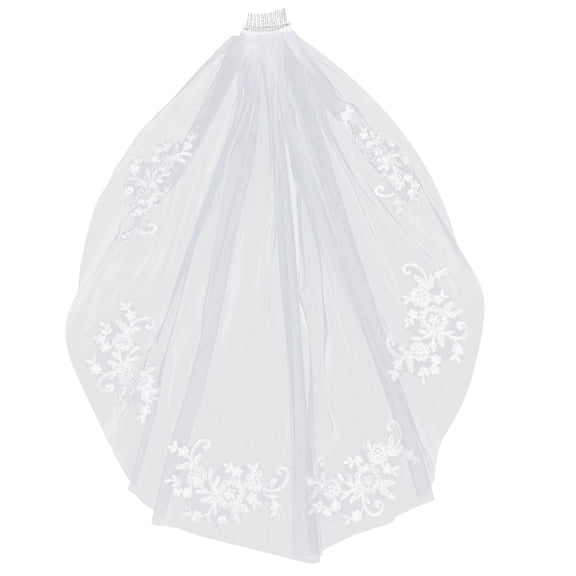 NICERIO Short Wedding Veil in White with Crystal Tiara and Lace Details for Bride