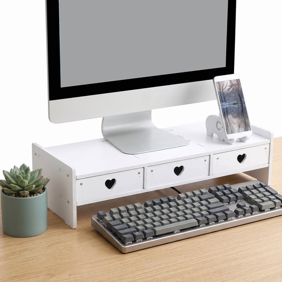 NICERIO White Monitor Stand Riser with Storage Drawer for Keyboard and Office Supplies