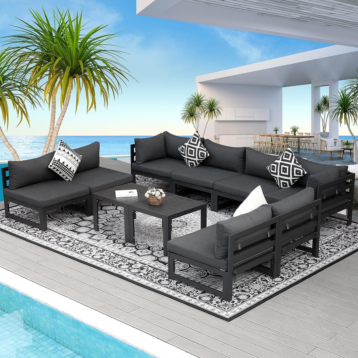 NICESOUL 10 Pieces Large Outdoor Aluminum Furniture Set with Tables Patio Seating Conversation Set Grey Aluminum Modern Patio Sofa Sectional Walmart