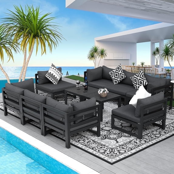 RADIATA 10 Pieces Large Outdoor Aluminum Furniture Set with Tables Patio Seating Conversation Set Grey Aluminum Modern Patio Sofa Sectional