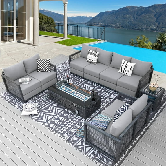 RADIATA 10 Pieces PE Wicker Heated Patio Furniture Sectional High Back Ultra Thick Cushion Sofa Set with Fire Pit Table 55000 BTU Rattan Conversation Set for Outdoor,Light Gray